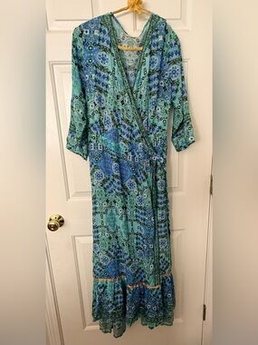 Anthropologie RubyYaya Tropical Green beaded Maxi wrap Dress size large boho